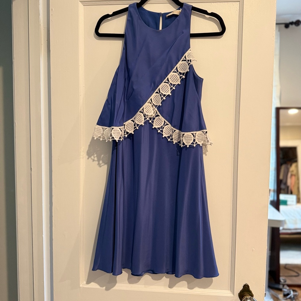 Tory Burch Blue Silk Dress with White Lace Accent